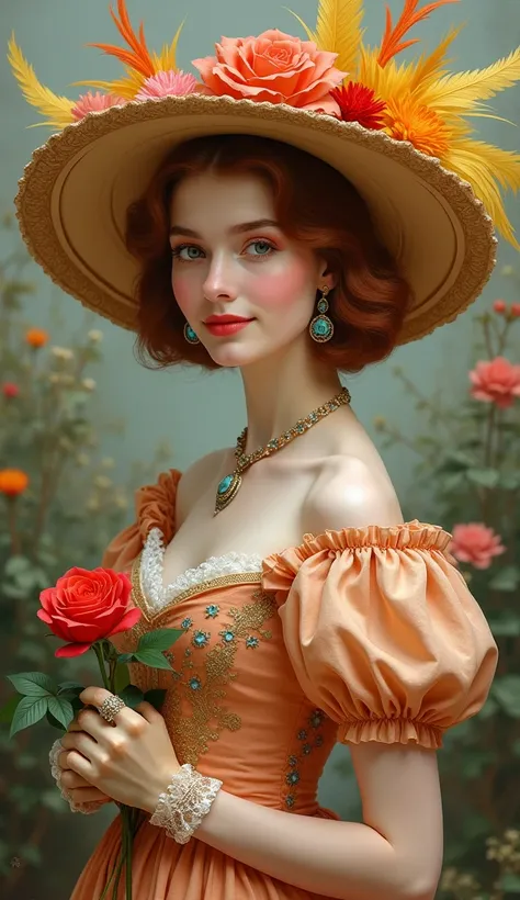 A young European woman, 29 years old, is depicted in a detailed, painterly style. Positioned slightly to the left of center, she has short, auburn hair styled in a sleek bob. She wears a large, ornate hat adorned with vibrant yellow and orange feathers and...