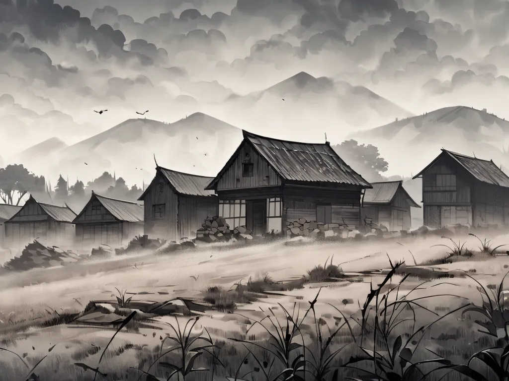 In black and white manga style 　Japanese style　貧しい農villageの風景　village　Drought