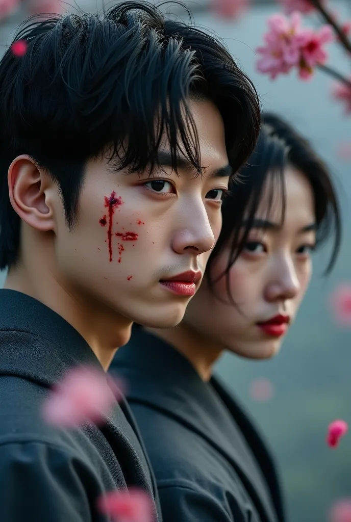 A dramatic, vertically-oriented portrait of a man and a woman, suitable for a book or film cover. The focus is tight on their faces, which are partially superimposed and in profile, angled slightly to the right.

The man looks like Kim Taehyung from BTS, p...