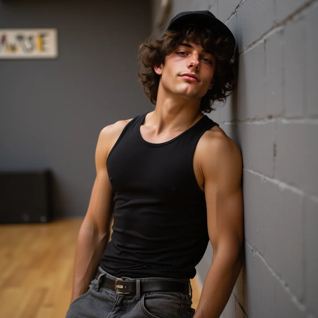 A twenty year old man, with dark brown, fluffy hair and with dark brown eyes. He is a hip hop dancer. He's leaning backwards against the wall of the dance gym, dressed in baggy jeans and a black tight tank top, his body toned and muscular. He has a black p...