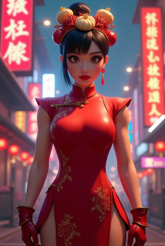 helped me design a Chun-li red cheongsam，The character in the dumpling headdress