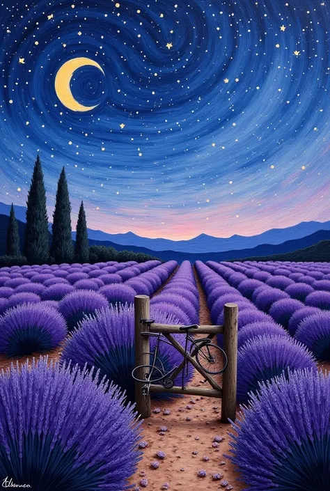 A Van Gogh-inspired lavender field in Provence at twilight: swirling purple and indigo brushstrokes, a glowing crescent moon, and a lone bicycle leaning against a wooden gate. Thick impasto texture, starry night sky, dreamy and nostalgic."