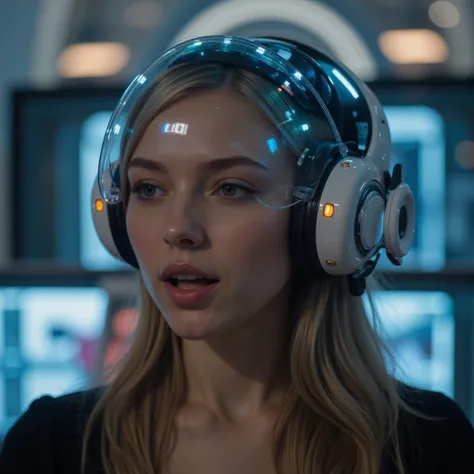 Masterpiece photo, photorealistic view of a young woman wearing a brain-link interface helmet with a modern design, getting a maximum orgasm, closed eyes, wide open mouth. Microlelectronics, glass, metal, processors, controllights,  ((((highly detailed))))...