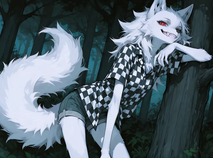 Furry she-wolf,  slim , ,  sharp teeth, fangs, red eyes, vertical pupils, fluffy tail,  white fur ,  is worth,  leaning on a tree , looks at the viewer,  smiles,  checkered shirt, shorts