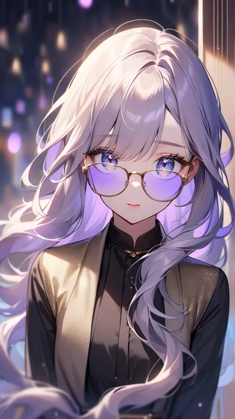 Create an image of a beautiful, elegant, and shy young woman. She wears stylish glasses that frame her delicate face, adding to her timid yet charming appearance. Her eyes are striking—one shimmering blue and the other glowing gold—giving her a unique and ...