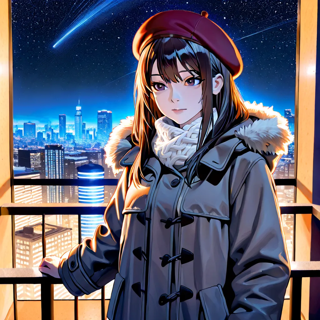 picture of a anime girl with a hat looking out from a night sky balcony to modern skyscrapers during winter in a coat