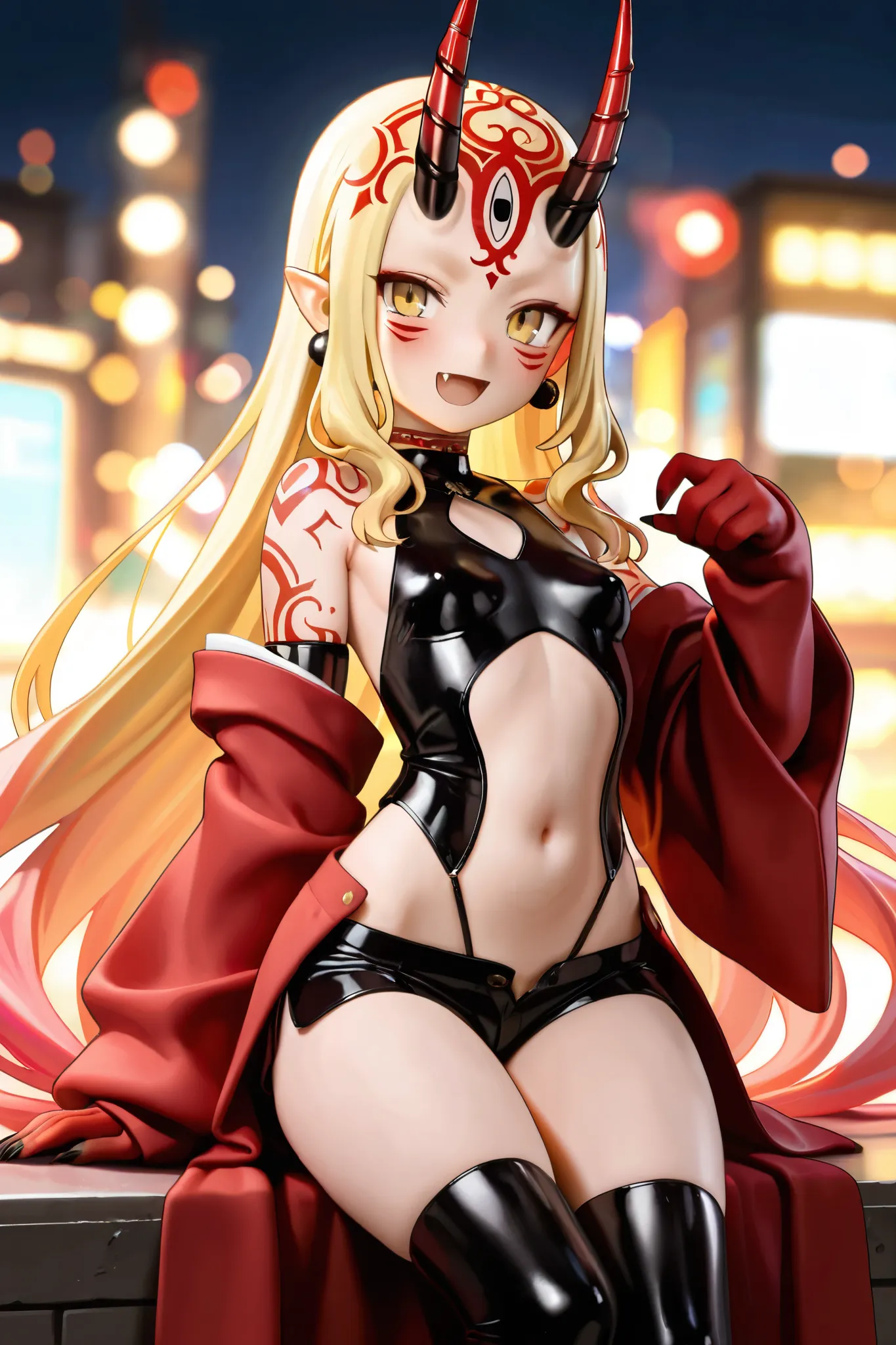 NSFW,masterpiece,Highest quality,Hi-Res,very detailed,Ibaraki Doji\(Fate/Grand Order),long hair、 Gold、side lock、yellow eyes、pointed ears、 face mark 、tattoo、 forehead mark、ghost、horn、Sharp Claws, Japanese costumes、sleeveless、Remodeled Outfits 、shorts when s...