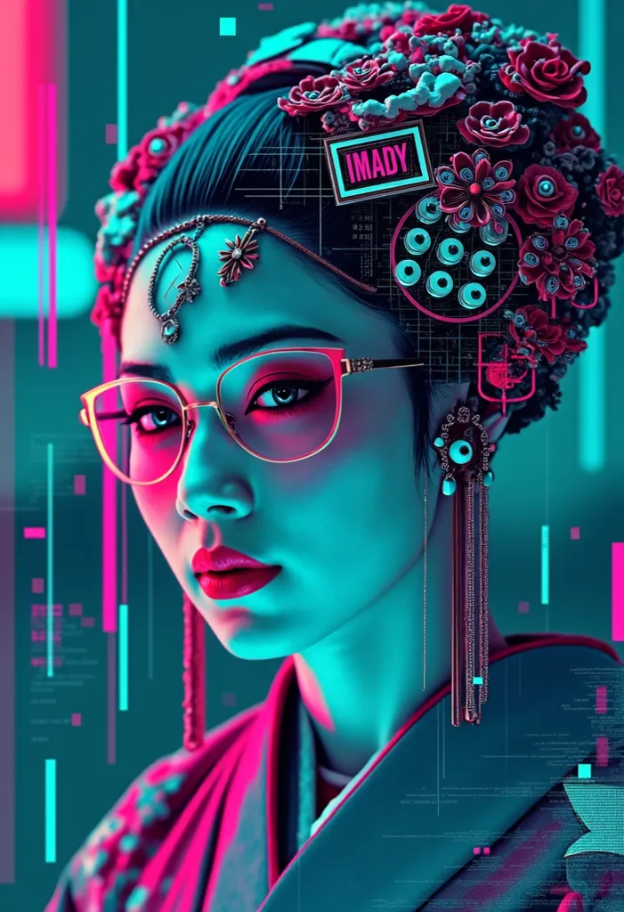 A Cyberpunk Glitch Art Portrait of a geisha, with distorted visuals and digital artifacts. Use a neon-infused palette of turquoise and fuchsia to create a futuristic, dystopian atmosphere with glitches and digital distortions --ar 3:2