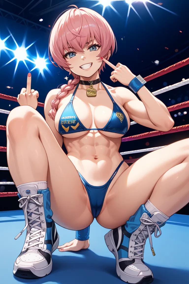 Shermie、Sneakers、Bare legs、Foot torture、Reverse Ryona、 stand up with the middle finger of your left hand 、bikini、 high leg、  on a pro wrestling ring 、 Condescending Smile 、