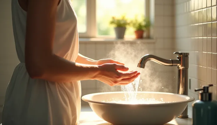 a  washing the clothes in the bathroom in the morning. 