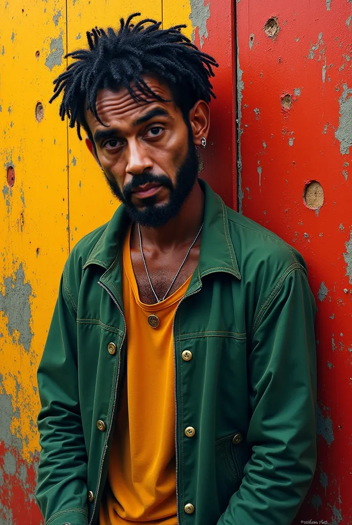 Omar: is a 45-year-old man with a beautiful brown skin with a beautiful face with sad features, big eyes and wet black hair.wears old brown pants and a green jacket in an old car thrown in the street and finds an old bag.starts creating a 3D picture in bri...