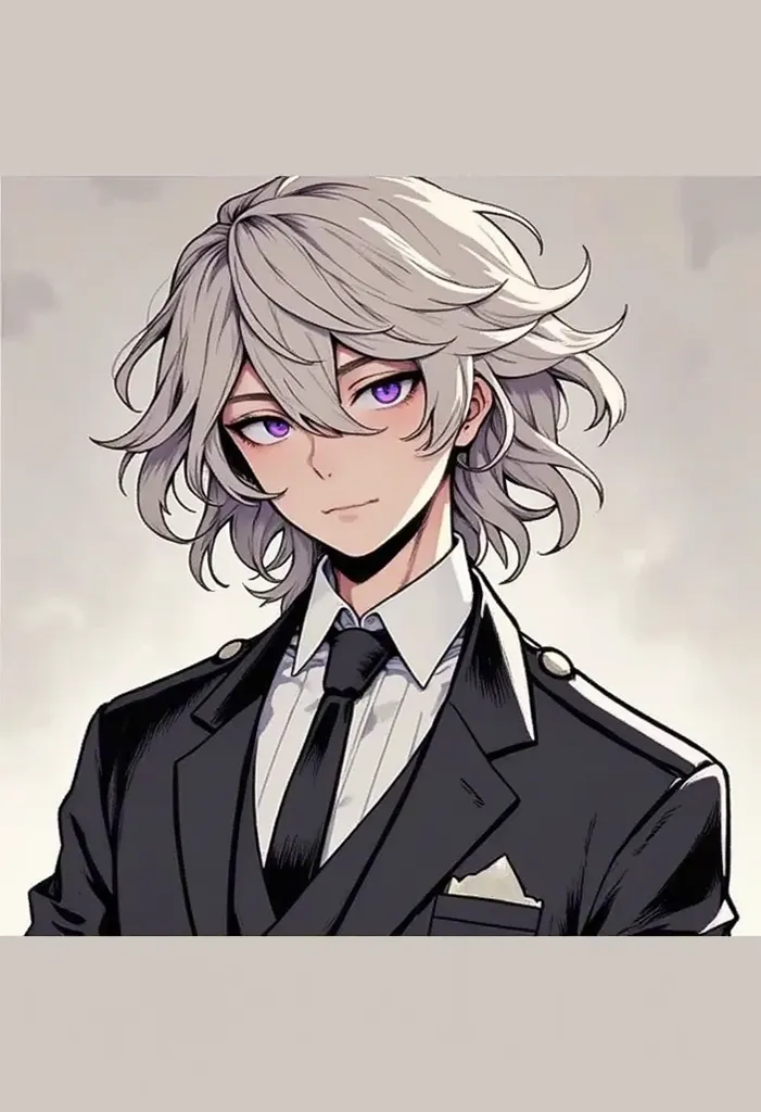 An anime image of a 22-year-old boy,handsome,attractive and with young features. he has long and messy white hair. ojos color lavanda y era alguien atractivo y handsome,Wear a black and purple soccer uniform. with black sneakers.

The boy would be on a soc...