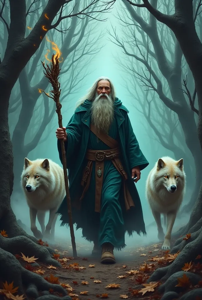 Create the image of a sorcerer wizard walking in the woods next to giant wolves, dry trees and leaves falling to the ground, an image with a frightening appearance 