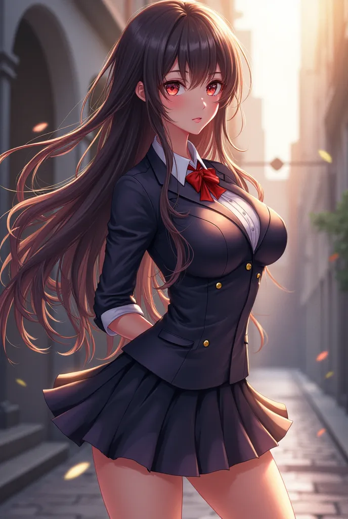 Let's design anime, let the hair be lush and long, get a tall and sexy anime girl, Get on the uniform under the mini skirt, Let the chest be big , Make it more beautiful