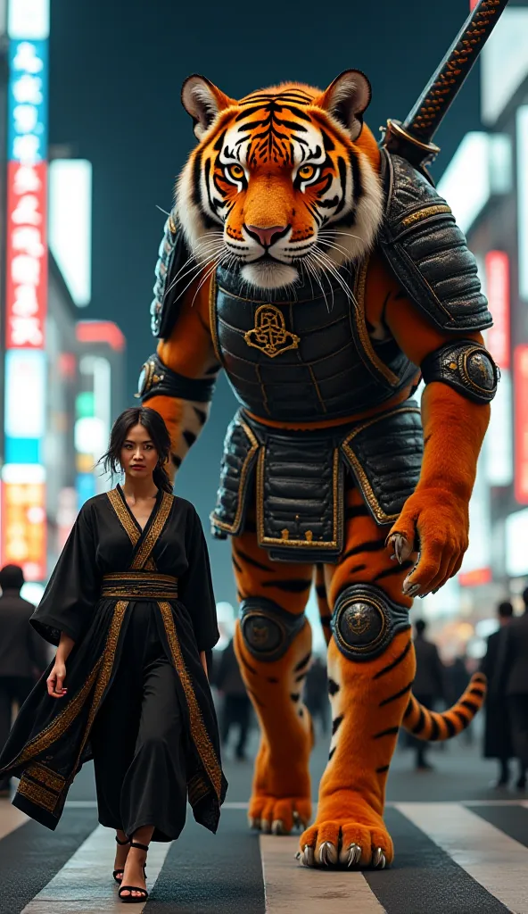 A fierce Japanese CEO, dressed in a modernized black and gold kimono with Louis Vuitton heels, strides through Shibuya Crossing, unfazed by the flashing neon lights around her. Towering beside her is a 15-foot-tall, cybernetic-armored tiger, its glowing am...