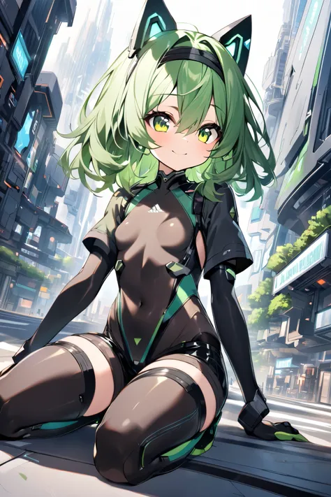 kneeling, 1petit_young_girl, solo, long_shaggy_hair, green_hair, short sleeves, (multicolored_bodysuit), robot ears, green eyes, very_short_shorts, short sleeves, short over long sleeves, light_smile, in futuristic city, , high quality, medium_breasts,crot...