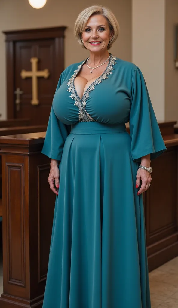  A 95-year-old grey blonde sexy granny with a thick figure, wearing turquise luxurious dress. huge breasts. Standing at a short, full-length. Short girl with slim legs. Short hairstyle. Short dark blonde hair girl, blue eyes. Very long red manicure nails. ...