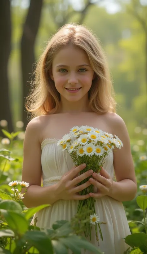 smiling angel girl with daisies in her hands against the background of an early spring forest, realistically , high resolution, high detail,4K