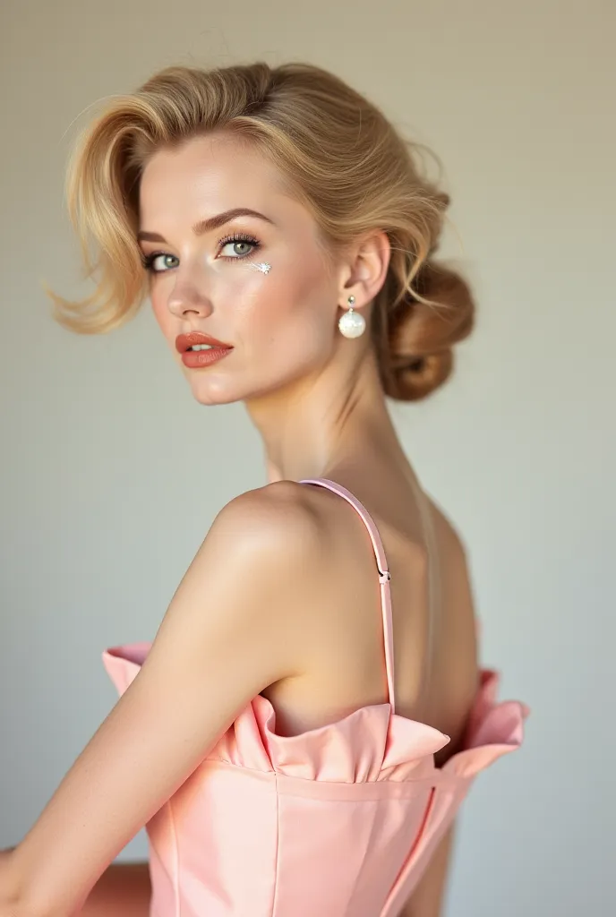 White model with blond hair collected elegant, elegant dress in powder pink, natural makeup with white eyeliner inspired by the 50s. Hairstyle and clothes that recall the fashion of those years