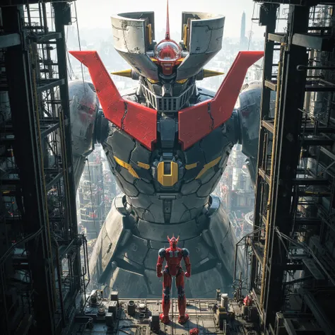  Modified Mazinger Z ,  stands 100 meters high ahead .  steel ,   Carbon Fiber  ,   Other industrial elements are also visible  ,  Just like the real thing  ,   I'm standing ahead at the height of a high-rise tower where high voltage current flows and emit...