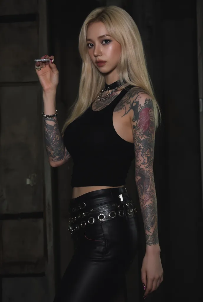 Long hair, light blonde, a lot of tattoos, posing, smoking.