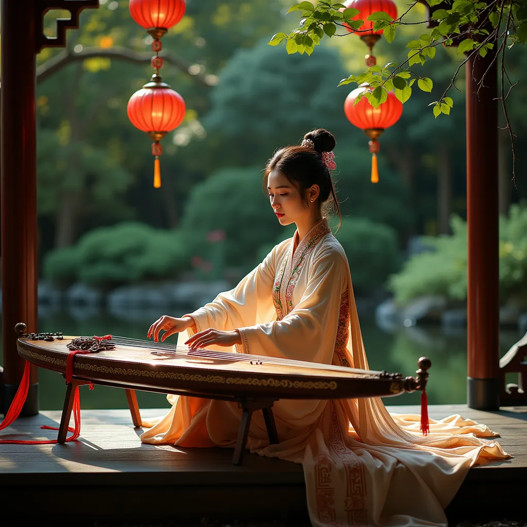 A captivating scene featuring a sexy woman with striking features,  seated gracefully before a horizontal Guzheng. Her fingers glide effortlessly over the strings, creating a beautiful harmony. Lush, deep colors and soft, warm lighting envelop the ambiance...