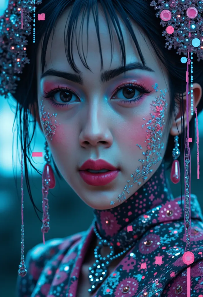 A Cyberpunk Glitch Art Portrait of a ironman geisha, with distorted visuals and digital artifacts. Use a neon-infused palette of turquoise and fuchsia to create a futuristic, dystopian atmosphere with glitches and digital distortions . Frontground Have dis...