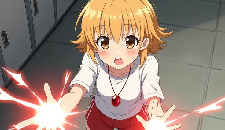 Create anime image of a 19 year old girl with short blonde hair, brown eyes, wearing a white t-shirt, and red shorts with white stripes. She has on a neckless with a red cristal. She is floating, she has blasted an energy beam from her hands at something. ...