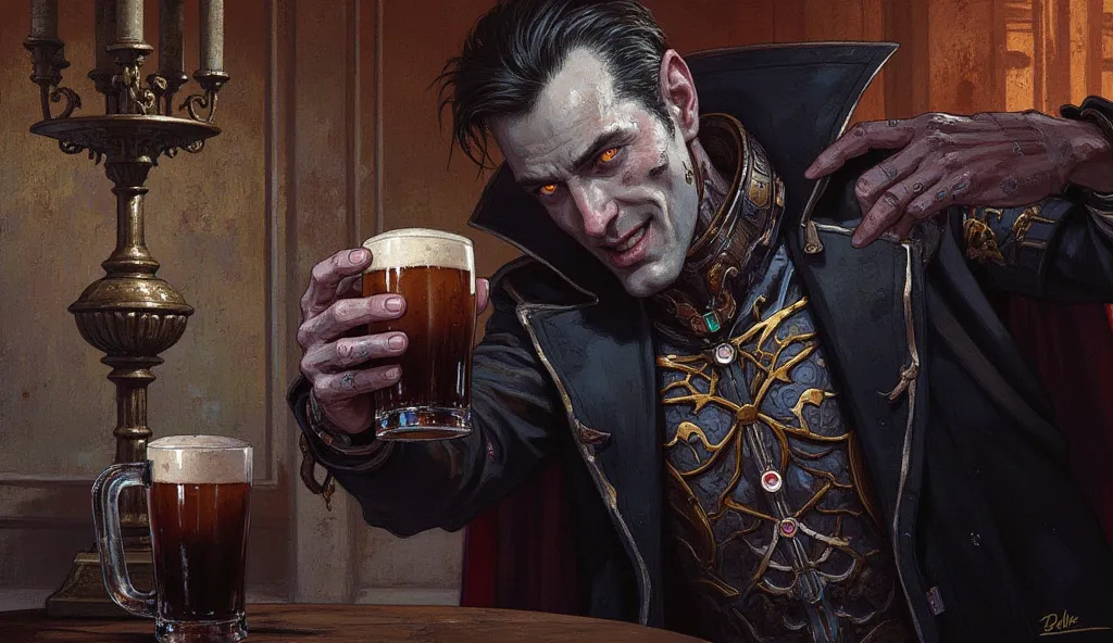 Create an image for a beer label. The scene must show a dirty cyberpunk vampire. He is offering a dark beer with brown foam, served in a cup. The vampire's expression must be evil. The setting should include gothic and neoclassical elements, matching the d...