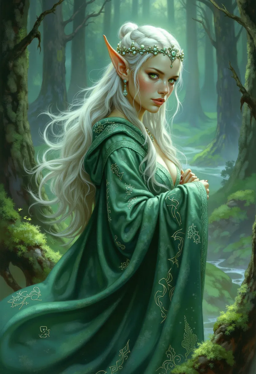 Mystical elven sorceress with piercing, radiant emerald green eyes that shimmer with an inner light, long, flowing silver hair adorned with delicate, glittering starlight braids, and intricate, swirling magical runes that dance across her porcelain skin in...