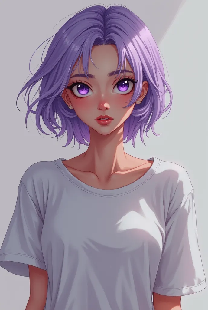 A woman with short light purple hair，Thin muscle，Heterochromia，Woman with purple eyes on the left and dark red on the right。I want her to wear a loose tracksuit t-shirt