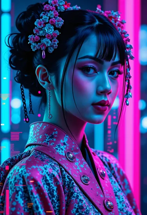 A Cyberpunk Glitch Art Portrait of a cyber geisha, with distorted visuals and digital artifacts. Use a neon-infused palette of turquoise and fuchsia to create a futuristic, dystopian atmosphere with glitches and digital distortions . Frontground Have displ...