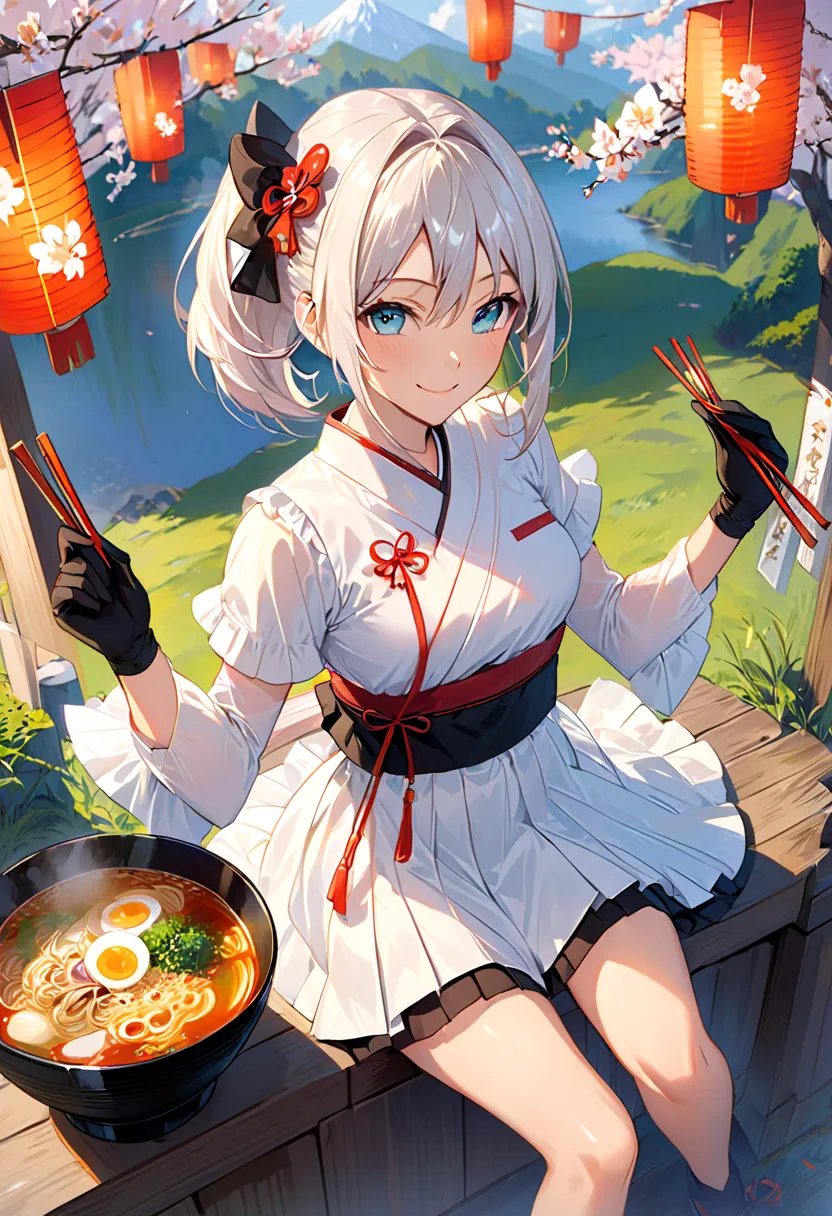 masterpiece, Top Quality, enchanting pose to hold your touch, Full body wide angle, smile, (is sitting:1.1) ,Ichiraku Ramen, ( When I eat ramen  :1.0), holding chopsticks and ramen bowl, Slurp the noodles,, Suzuka's Silence  (Uma Musume), black gloves, Whi...