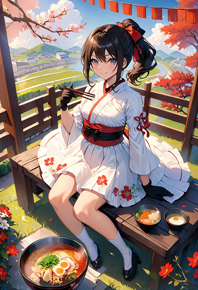 masterpiece, Top Quality, enchanting pose to hold your touch, Full body wide angle, smile, (is sitting:1.1) ,Ichiraku Ramen, ( When I eat ramen  :1.0), holding chopsticks and ramen bowl, Slurp the noodles,, Suzuka's Silence  (Uma Musume), black gloves, Whi...