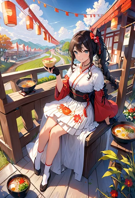 masterpiece, Top Quality, enchanting pose to hold your touch, Full body wide angle, smile, (is sitting:1.1) ,Ichiraku Ramen, ( When I eat ramen  :1.0), holding chopsticks and ramen bowl, Slurp the noodles,, Suzuka's Silence  (Uma Musume), black gloves, Whi...