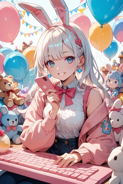 The image is a vibrant and colorful illustration of a character with white hair and bunny ears playing a pink keyboard surrounded by various stuffed animals, balloons, and presents in a festive and playful setting.