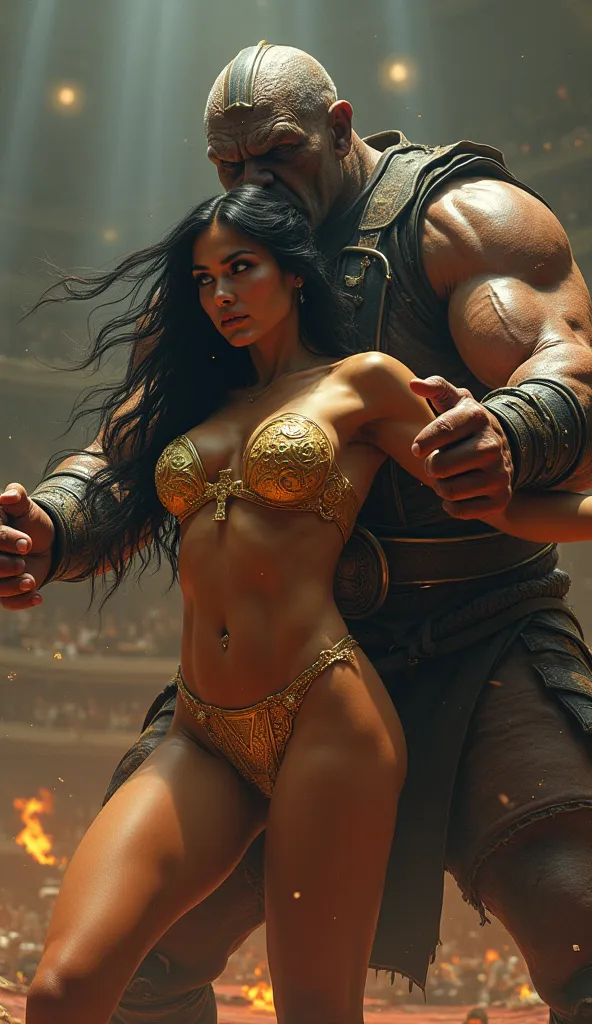 (ultra realistic) (Quality 8k)  mortal combat ,  Beautiful girl with long black hair, in a golden bikini, fights an ugly fat man, fat man lies on her and grabs her, against the backdrop of Morte's arena, Combat 