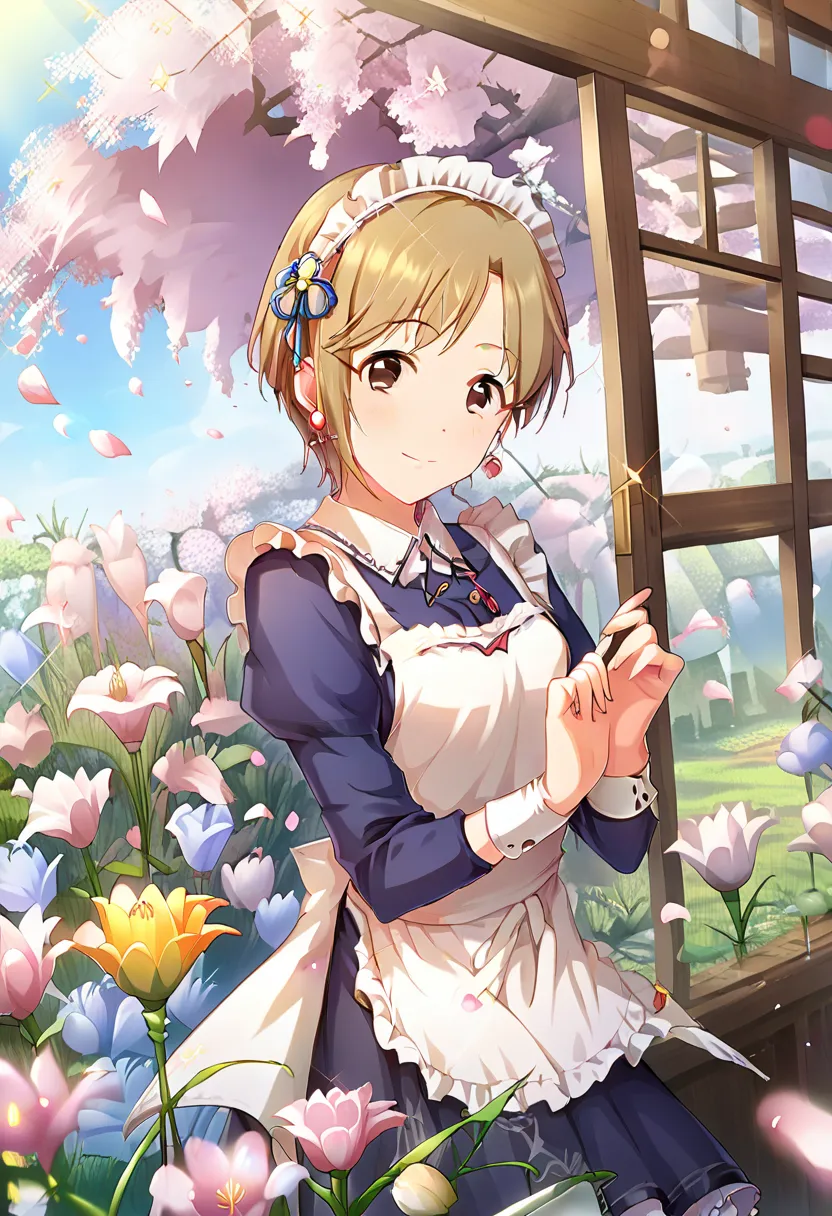  score_9,  score_8_up,  score_7_up,  source_anime,Goodbye、Yumi,  short hair, brown hair, brown eyes, 1 girl, Alone, blond hair, smile,  , Flower Field, sparkle, light particles, garden, 1 girl, Alone, Maid, Maid headdress, apron, arms, earrings, cute,  Flo...