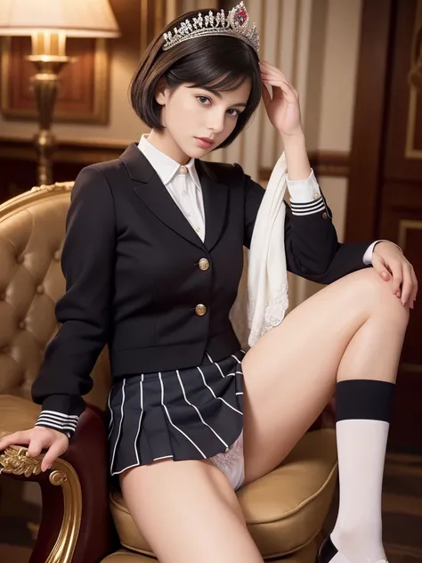 masterpiece, high quality, 8K quality, 1. Lady, Young Queen, Queen, Dressed in royal uniform、crowned with diamonds、Sitting on the throne,Crossing your legs, (Realistic, photo Realistic:1.2), ((最high quality)), Quite embarrassing, (Showing white panties:1.4...