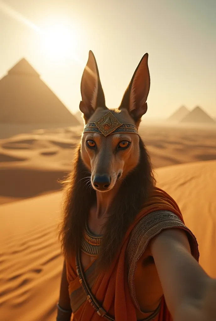 amateur selfie of egyptian god anubis, photo, Egyptian pyramids behind, sand's desert, sun light, sun rays