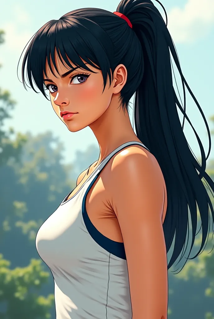 Make an anime (more like manga style) black haired girl who is tennis player. She isn’t looking at the camera. Make her look like a woman, like she’s serious, not like a .