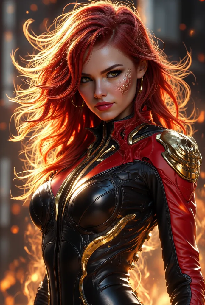 a dangerously beautiful and effortlessly cool young superheroine with fiery crimson hair that glows like embers and eyes that burn with golden intensity. Her smug smile is her weapon of choice, radiating confidence and defiance. Dressed in a sleek, black-a...