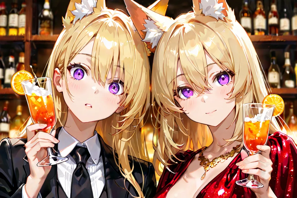 2girls, long blonde hair, hair inbetween eyes, cute, detailed eyes, purple eyes, facing viewer, sexy, welcome to Enigma, holding a cocktail, formal attire, black and gold dress, High Resolution, Masterpiece, Accurate, Anatomically Correct, Best Quality, De...