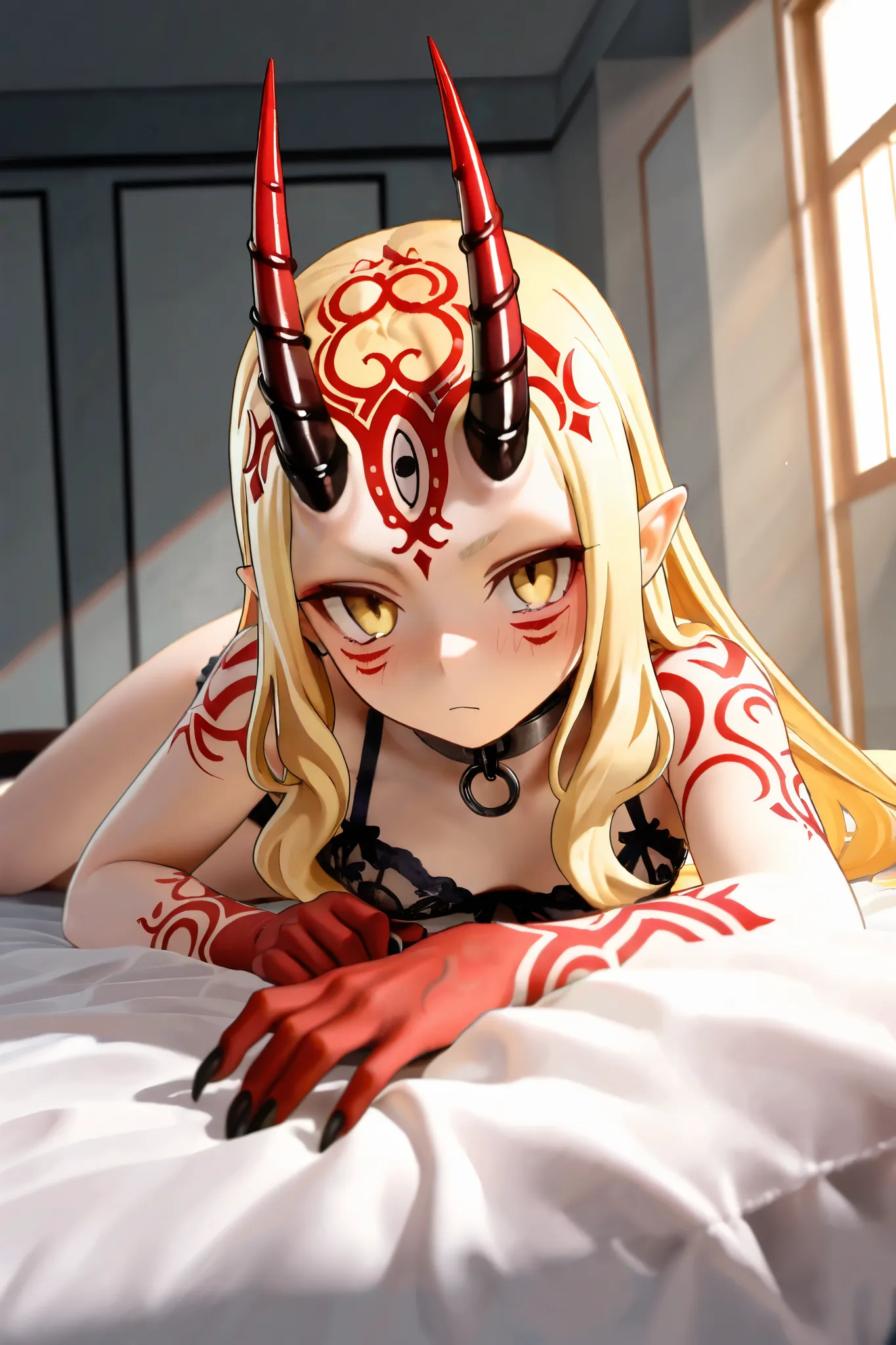 NSFW,masterpiece,Highest quality,Hi-Res,very detailed,Ibaraki Doji\(Fate/Grand Order),long hair、 Gold、side lock、yellow eyes、pointed ears、 face mark 、tattoo、 forehead mark、ghost、horn、Sharp Claws,fine lingerie that has been sexually processed,bedroom, slave,...