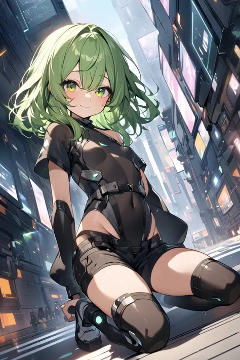 kneeling, 1petit_young_girl, solo, long_shaggy_hair, green_hair, long_bangs,bare_shoulder,short sleeves, (black_bodysuit), black_harness,robot ears, green eyes, very_short_shorts, short sleeves, short over long sleeves, light_smile, in futuristic city, , h...