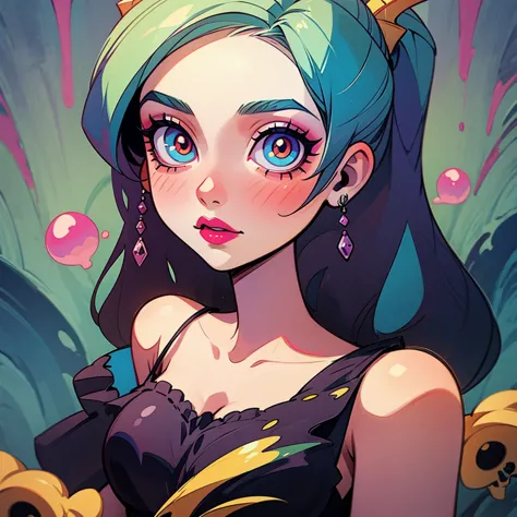 a close up of a cartoon girl with long hair and a dress, monster high, monstergirl, monster girl, monster high makeup, ever after high, by Melissa Benson, print!, official art, succubus in sundress portrait, official character art, vhs monster high, high a...