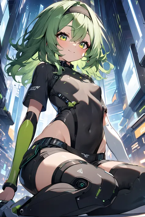 kneeling, 1petit_young_girl, solo, long_shaggy_hair, green_hair, long_bangs,bare_shoulder,short sleeves, (black_bodysuit), black_harness,robot ears, green eyes, very_short_shorts, short sleeves, short over long sleeves, light_smile, in futuristic city, , h...
