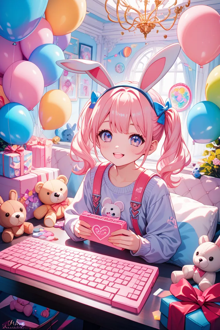 The image depicts an anime-style character with bunny ears, playing a pink keyboard in a colorful, whimsical setting filled with balloons, stuffed animals, and presents.