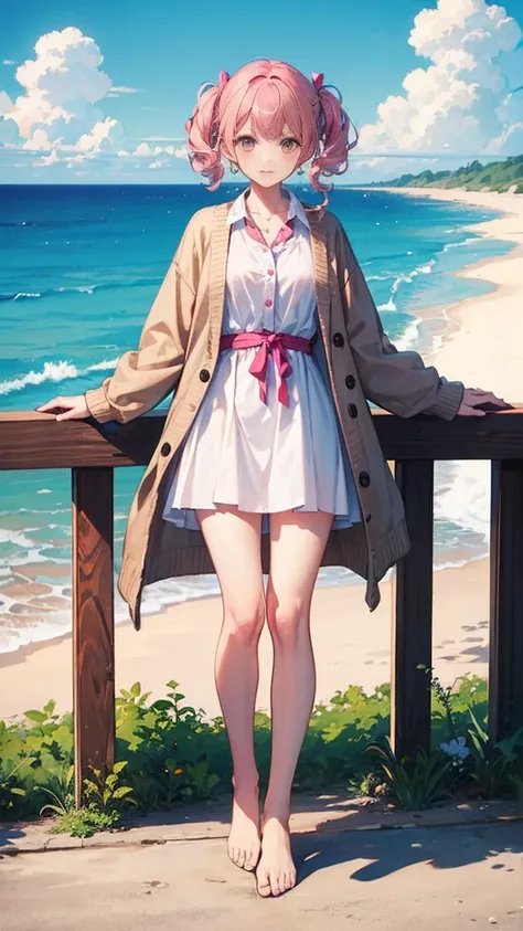  masterpiece:1.3， Best quality , At the seaside， big ，with a pink bow on the chest，and a brown cardigan shirt， white dress， pink hair，hairstyle with bangs on one side，full body，Barefoot