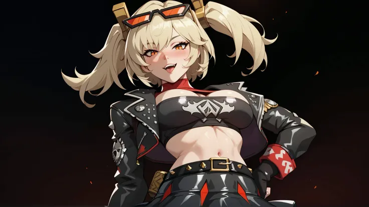 1 women, Burnice white, Zenless zone zero, big boobs, blush, naughty face, High resolution, body masterpiece, Precise, detailed eyes, blonde hair, orange eyes, two side up, short twintails, hair ornament, eyewear on head, sunglasses, goggles,

Default Outf...